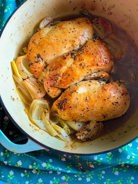 Best Baked Rotisserie Chicken in a blue pot