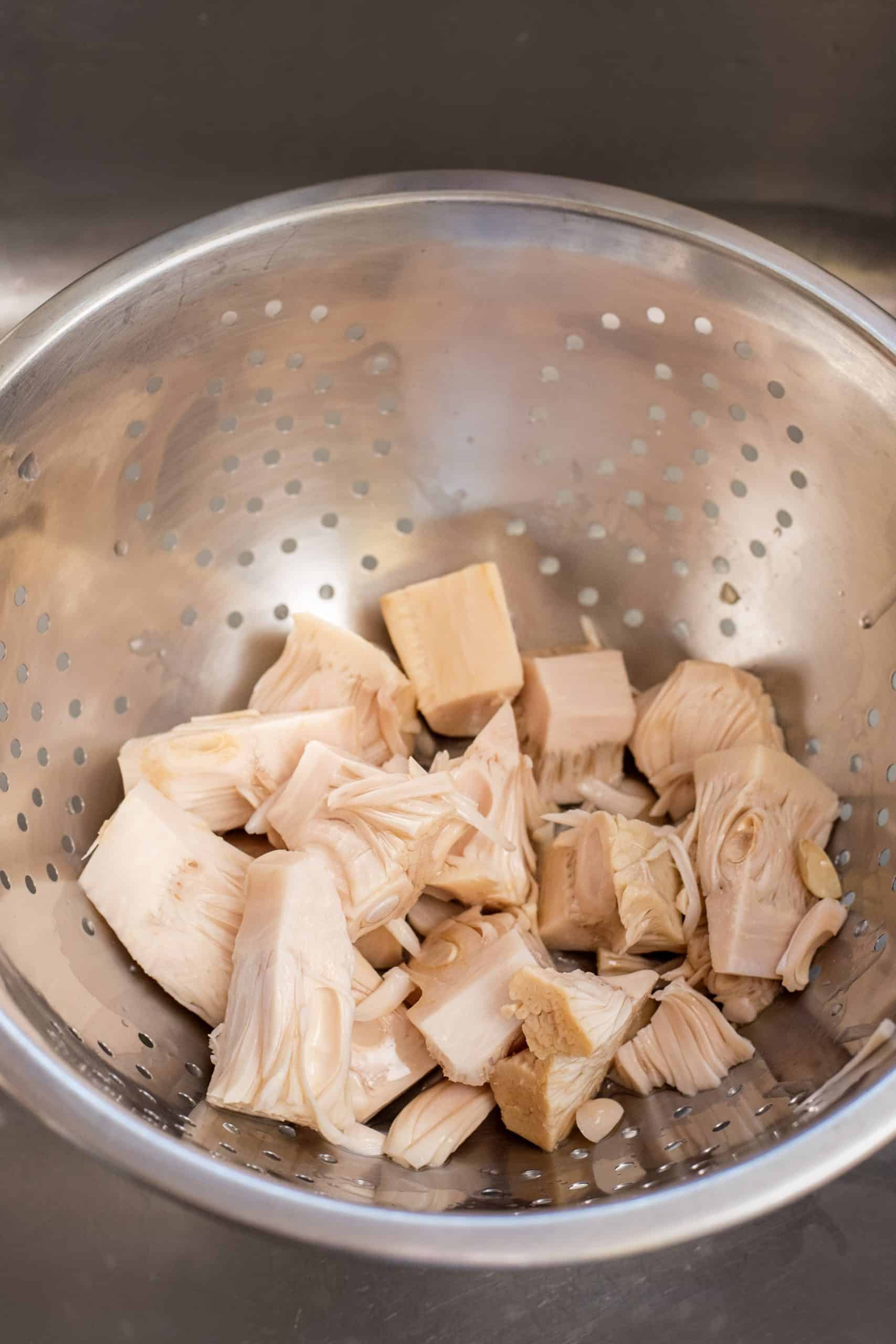 Jack Fruit draining in a colander.
