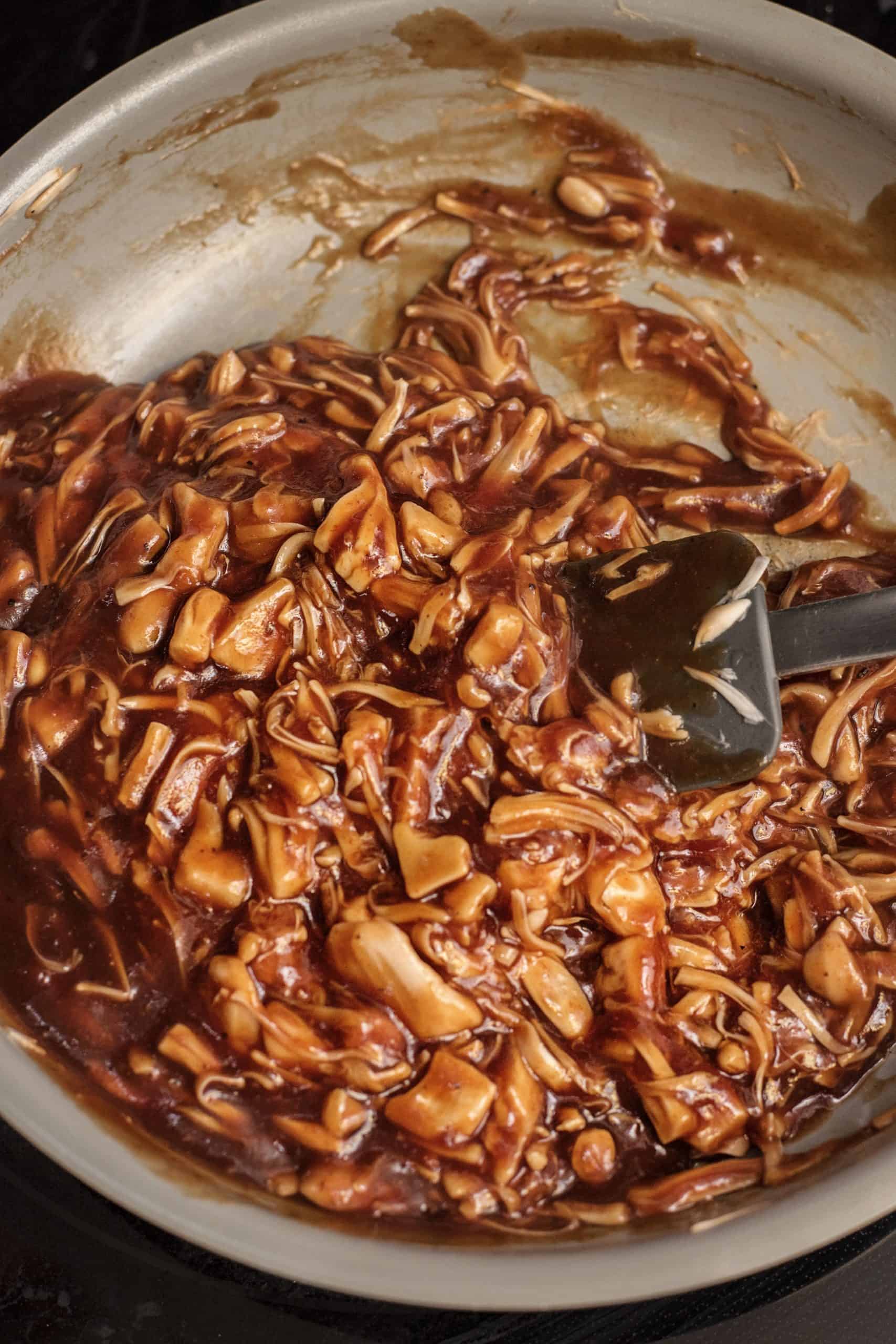 Jackfruit BBQ in a skillet ready to serve.