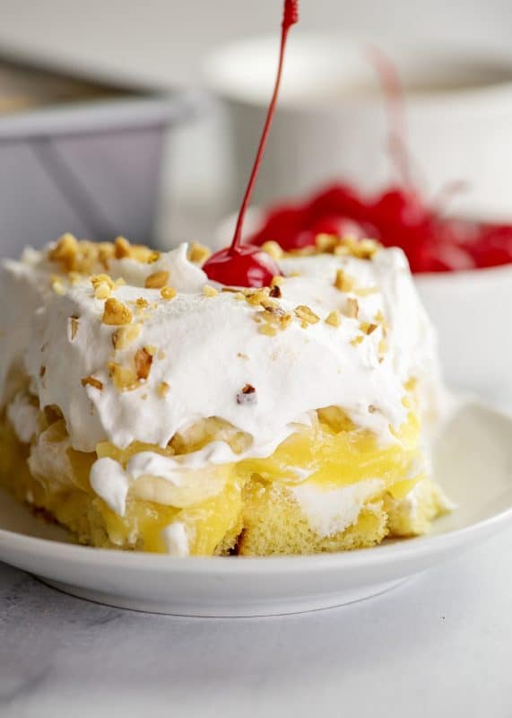Slice of Twinkie Cake with a cherry on top.