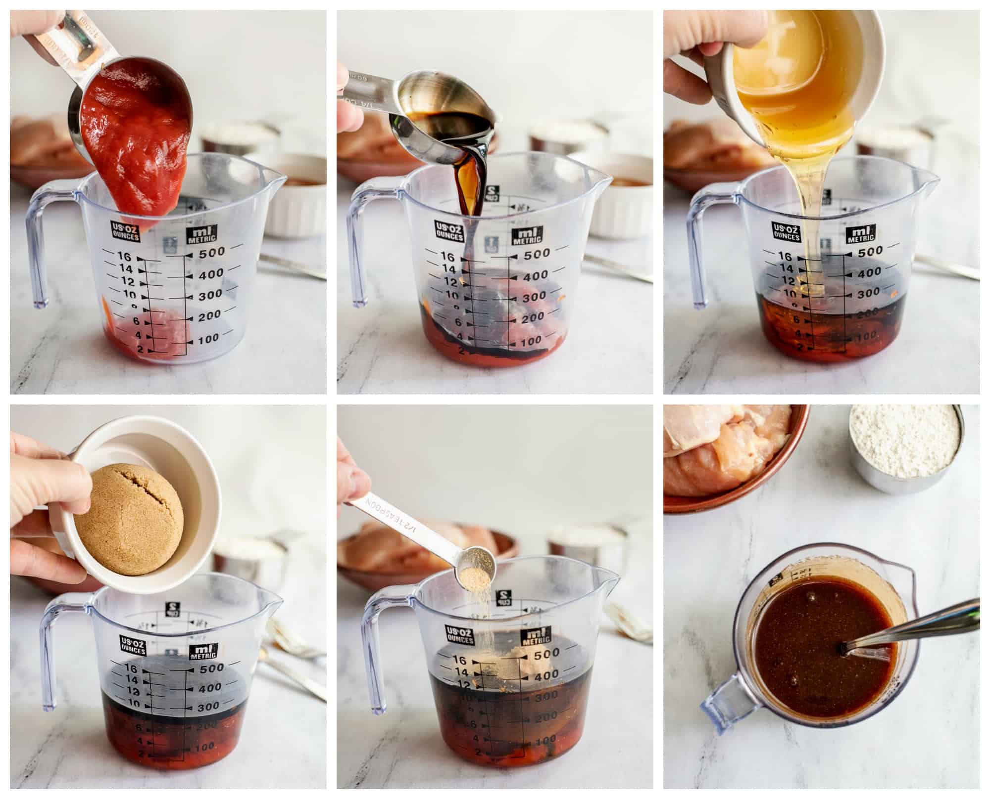 Collage of step-by-step instructions for making sticky BBQ sauce.