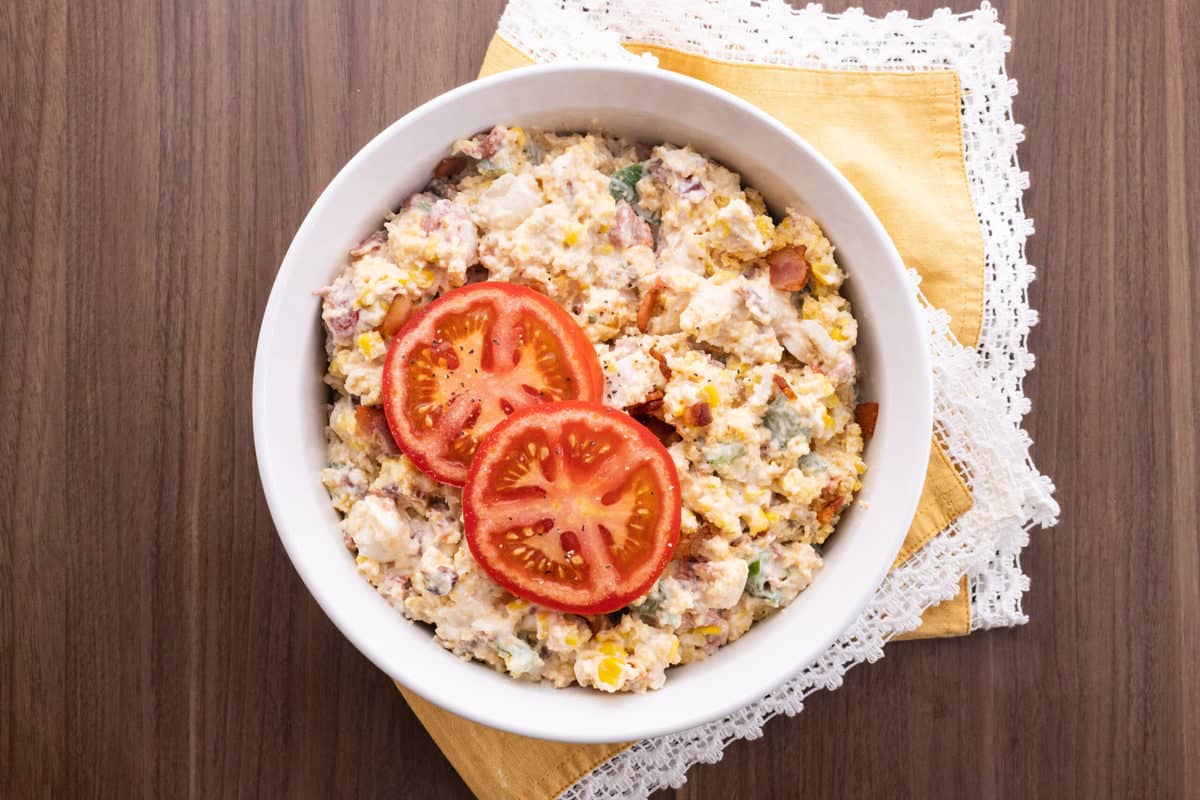 Cornbread salad in large serving bowl.