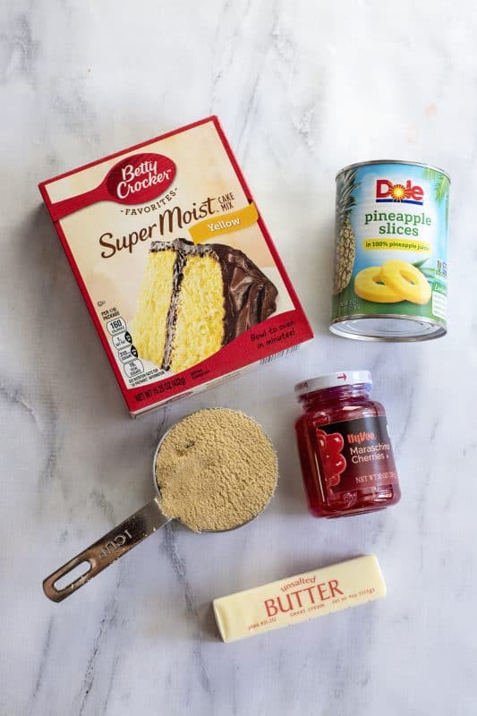 Ingredients for easy pineapple upside-down cake.