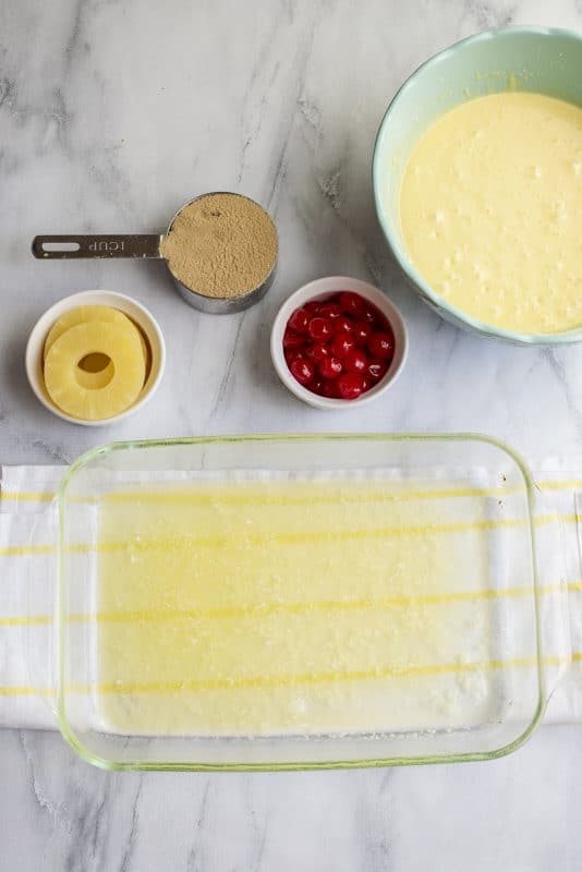 Melted butter in baking dish.