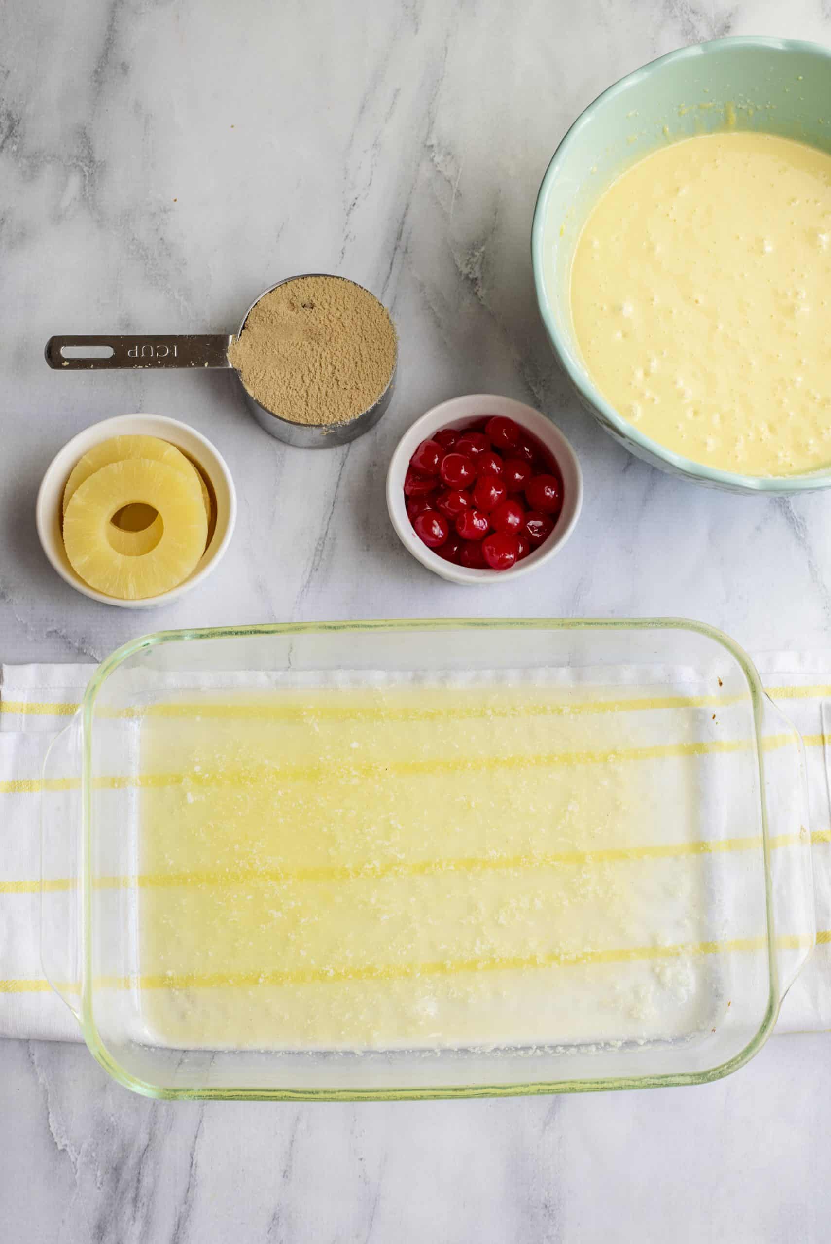 Melted butter in baking dish.