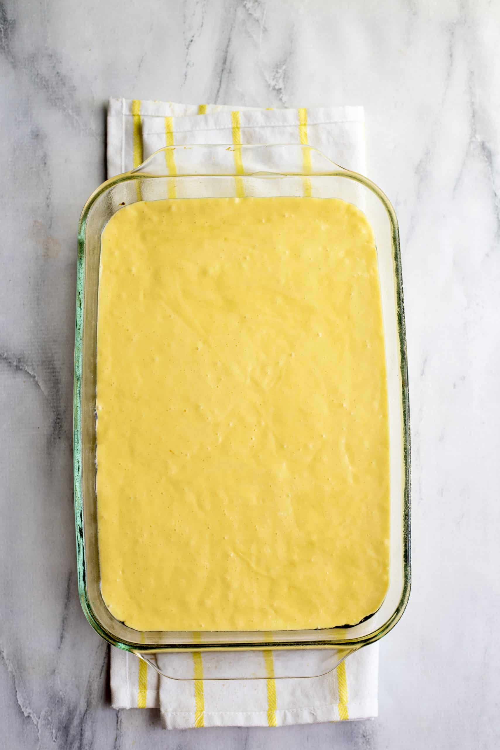 Pour cake batter into baking dish.