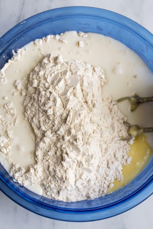 flour and baking soda mixture, in a bowl with butter
mixture