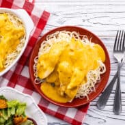 Plate of angel chicken pasta.