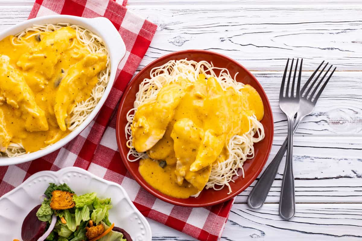 Plate of angel chicken pasta.