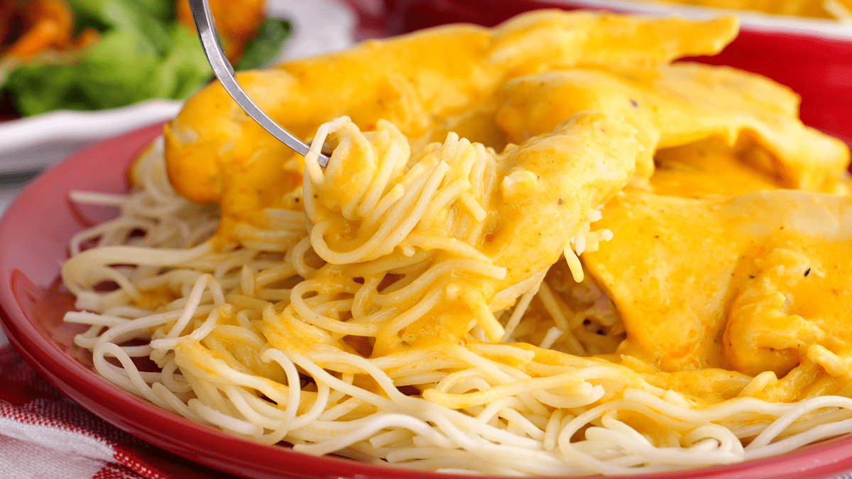 Forkful of slow cooker angel chicken pasta.