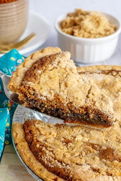 Taking out a slice of gooey and delicious shoofly pie.