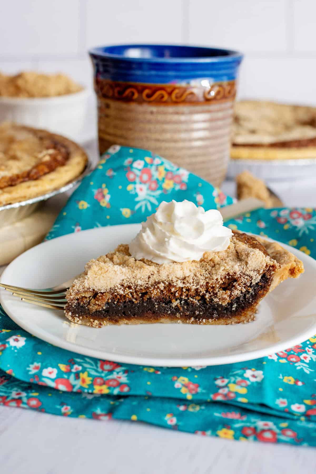A delicious slice of shoofly pie on a white plate with whipped cream topping.