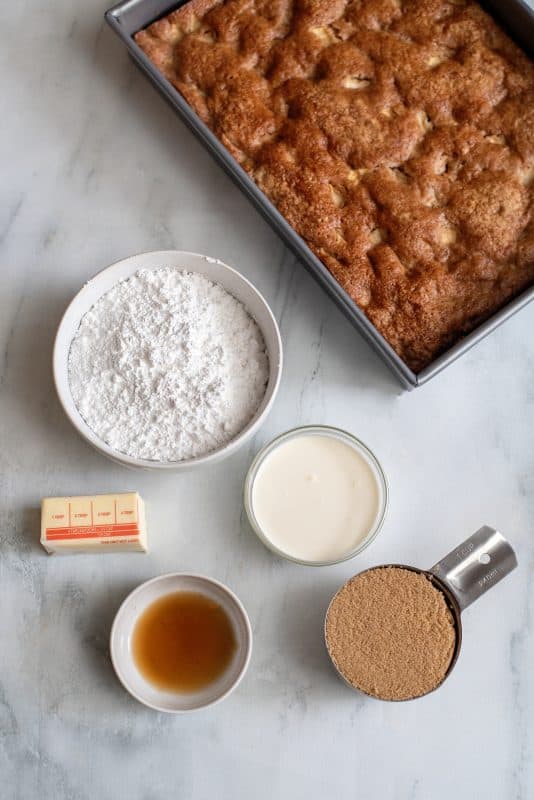 Ingredients for caramel frosting to accompany apple cake.