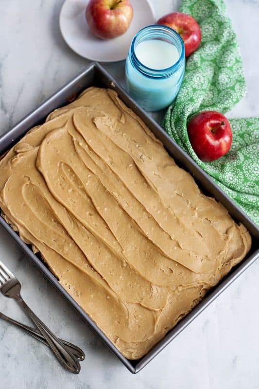 Apple cake with caramel frosting.