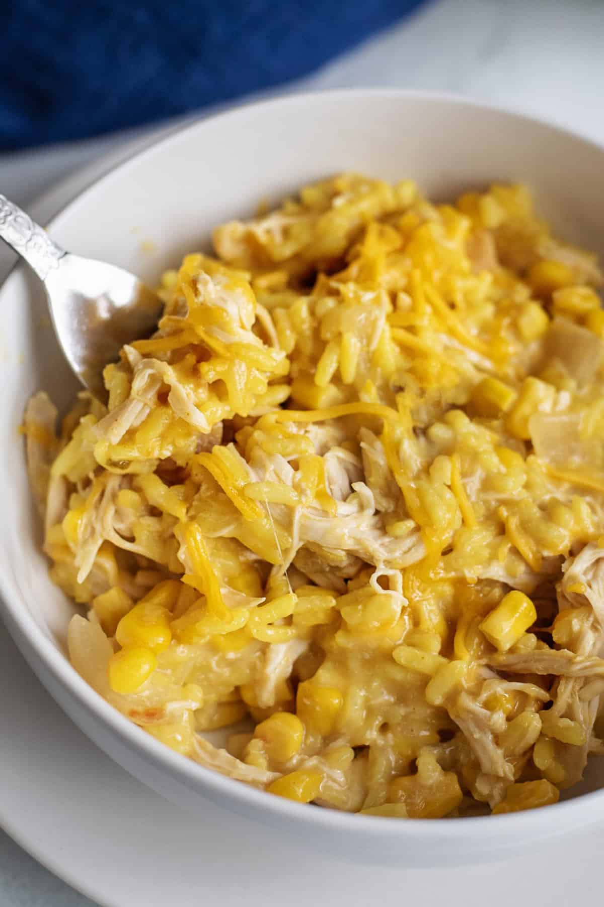 Bowl of slow cooker cheesy chicken and rice.