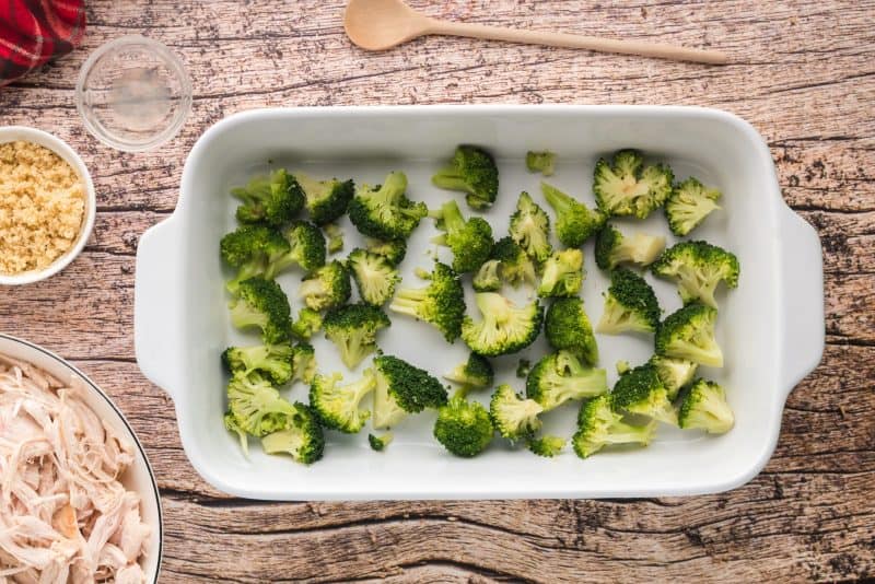 broccoli layer in casserole dish.