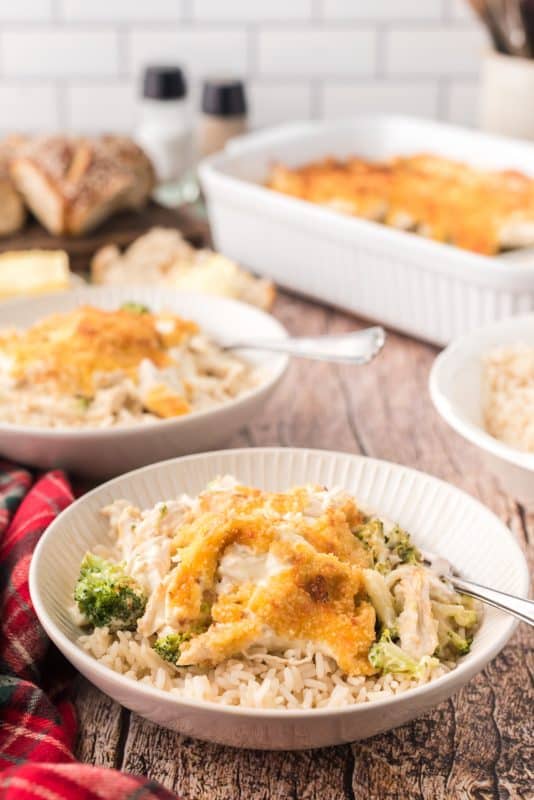 Bowl of chicken divan casserole.