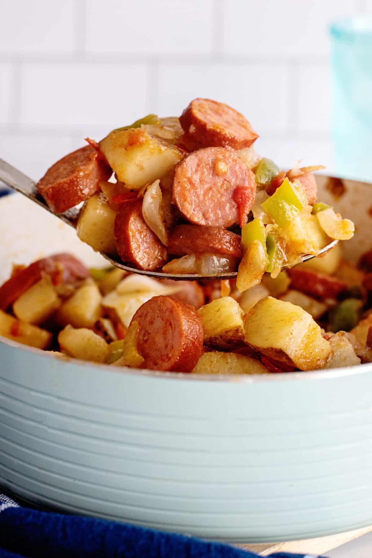 Spoonful of kielbasa skillet.