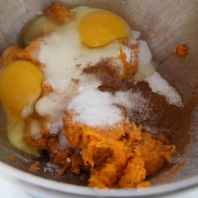 Add melted butter and eggs to mixing bowl.