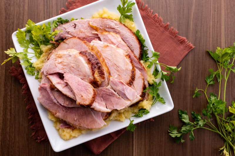 Plate of baked ham.