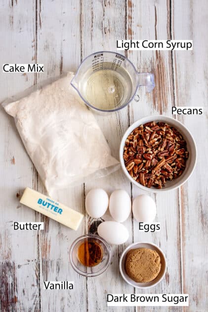 Labeled ingredients for pecan pie cake.