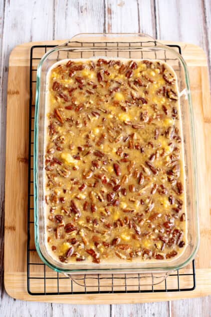 Pecan pie cake ready for oven.