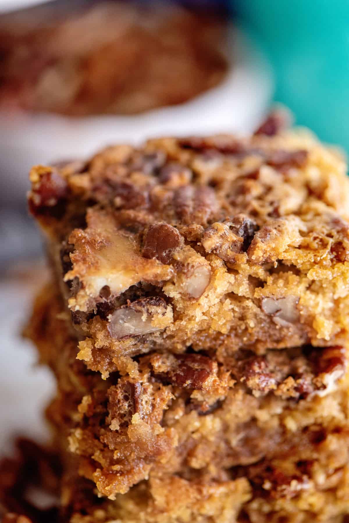 Stack of pecan pie cake slices.