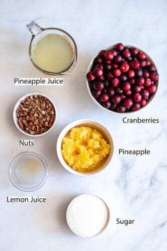 Labelled ingredients for cranberry sauce recipe.