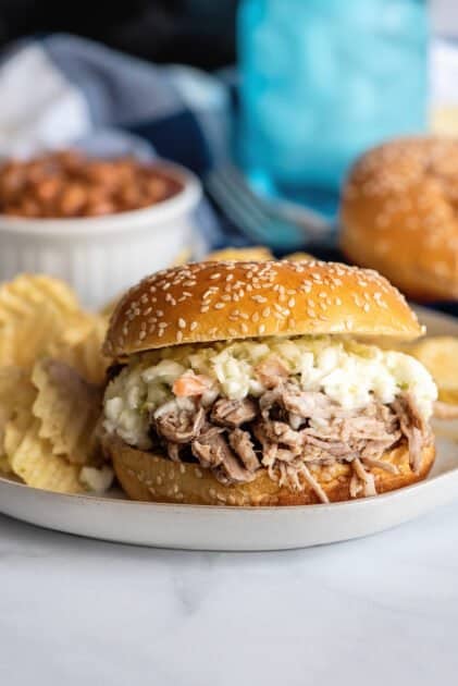 Serve pulled pork on burgers with slaw.