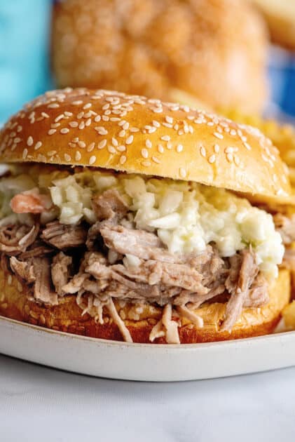 Close-up of crock pot pulled pork on burger (game day recipes).