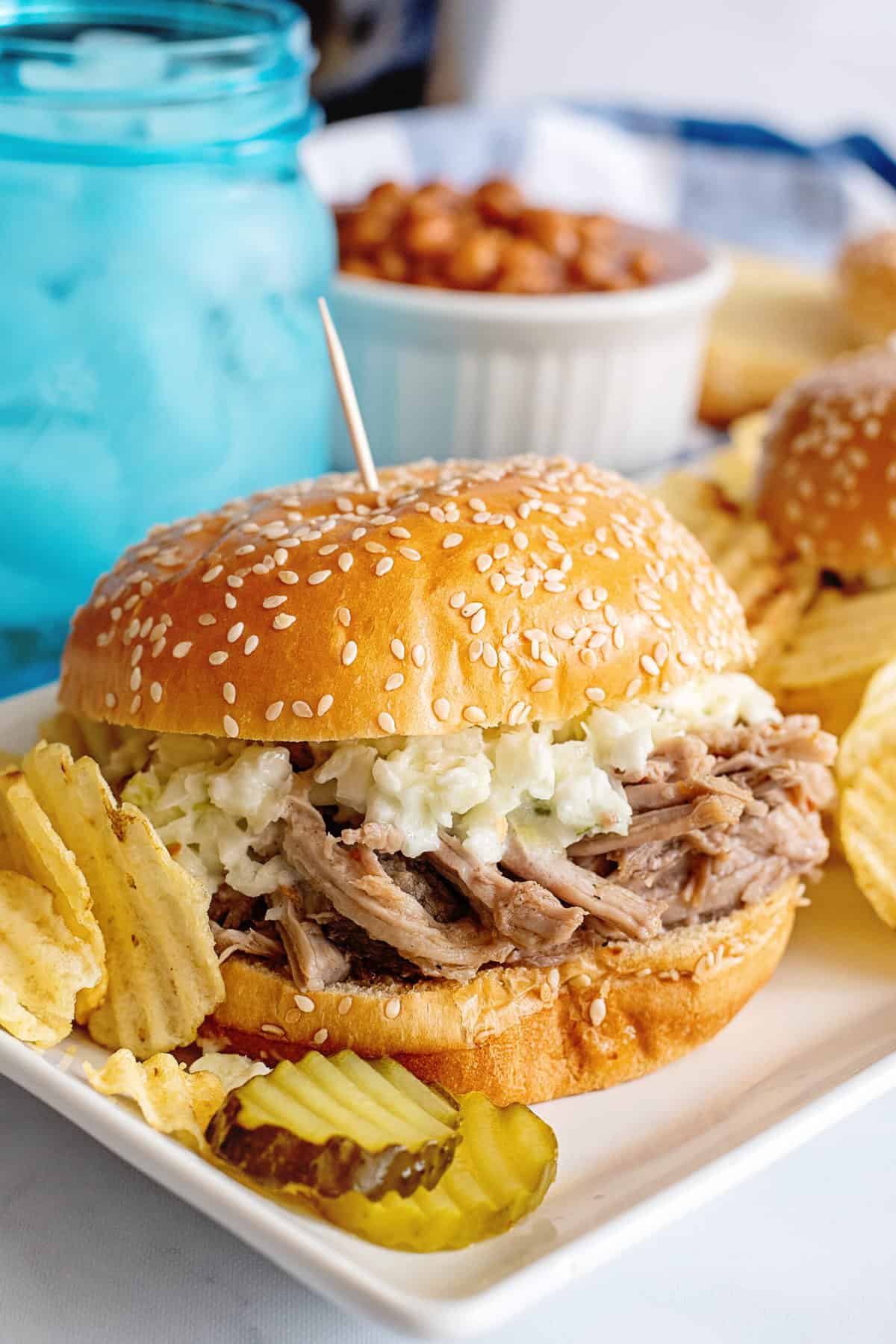 Crock pot pulled pork and slaw burger.