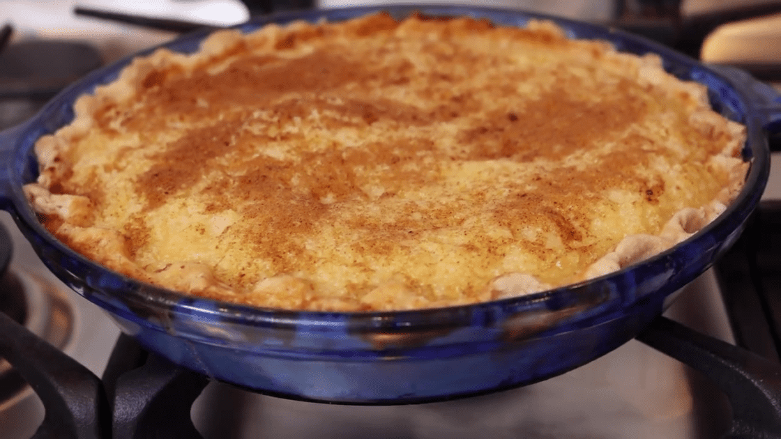Bake buttermilk pie until golden brown.