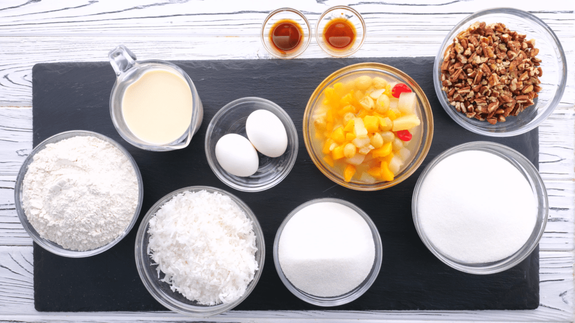 Ingredients for fruit cocktail cake.