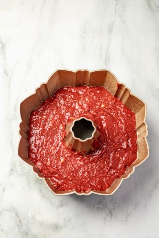red velvet bundt cake mixture