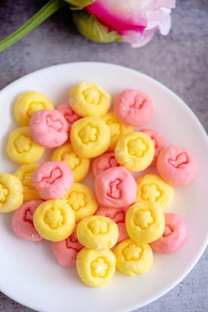 Plate of Easter cream cheese mints (Easter menu ideas).