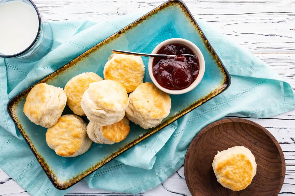 Plate of homemade buttermilk biscuits.