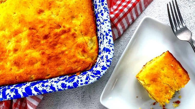 Slice of Jiffy cornbread casserole.