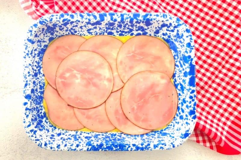 Cover with layer of ham slices.