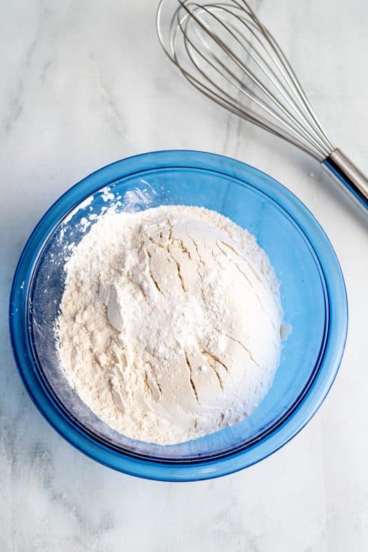 In a separate bowl, whisk together dry ingredients (flour, baking soda, cornstarch, and salt).