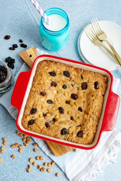 Butterscotch oatmeal raisin bar recipe in an 8x8 baking dish.