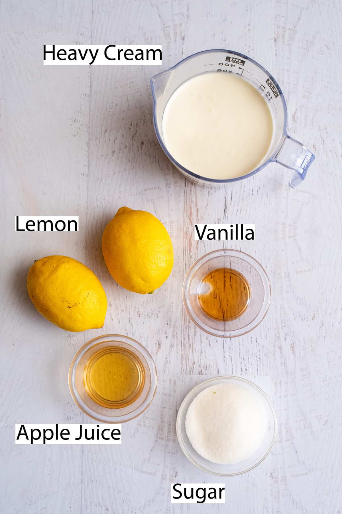 Labeled ingredients for lemon syllabub recipe.