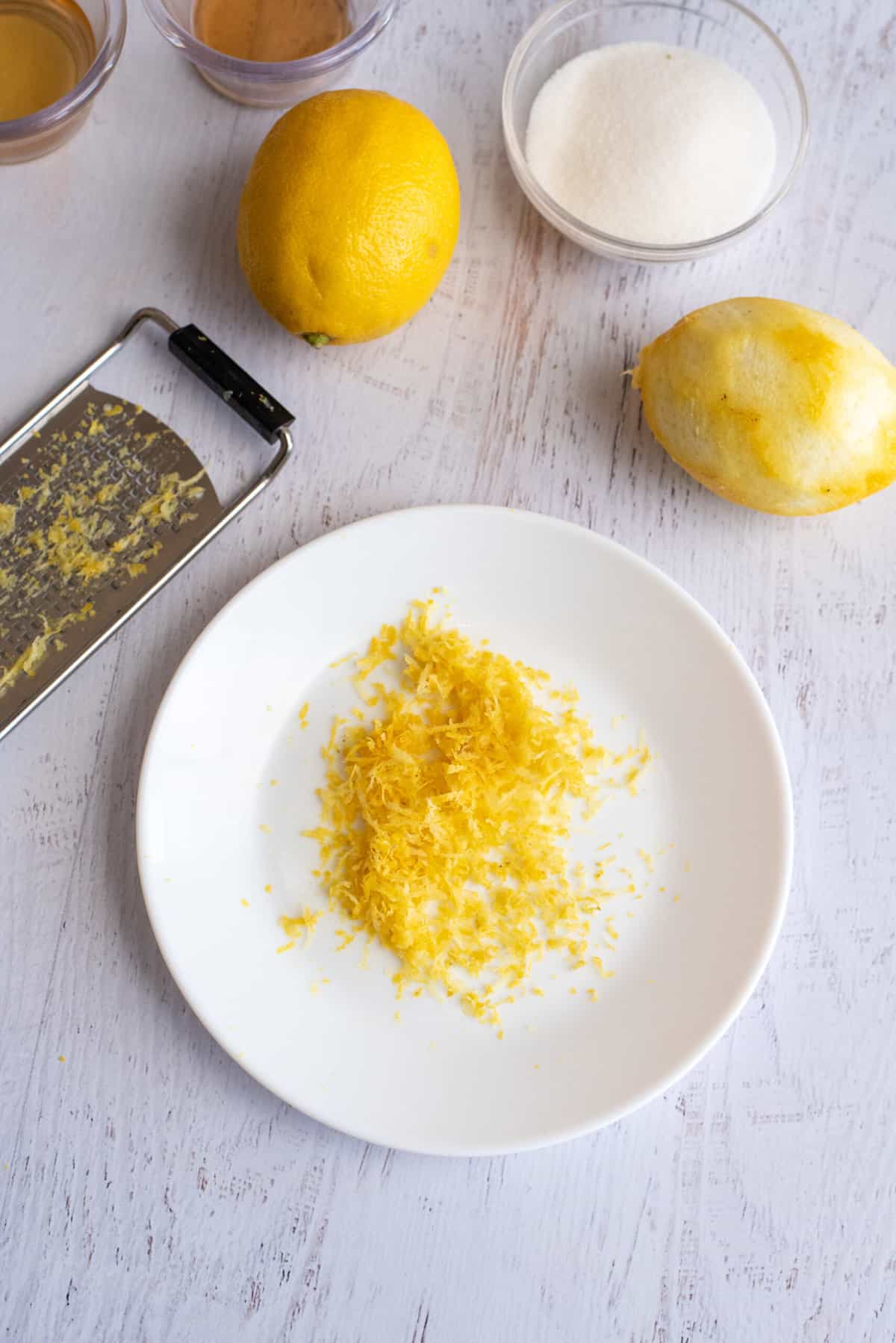 Lemon zest on plate.