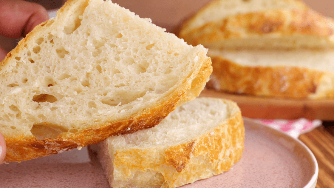 Close-up of a slice of easy Dutch oven bread.
