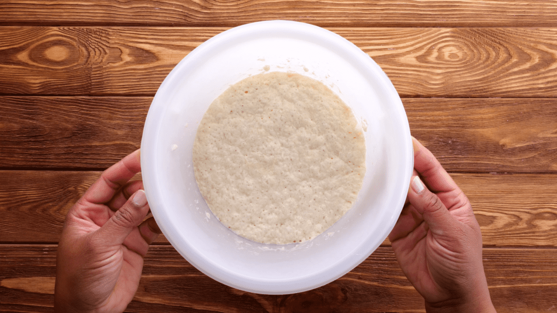 The easy Dutch oven bread dough the next day.