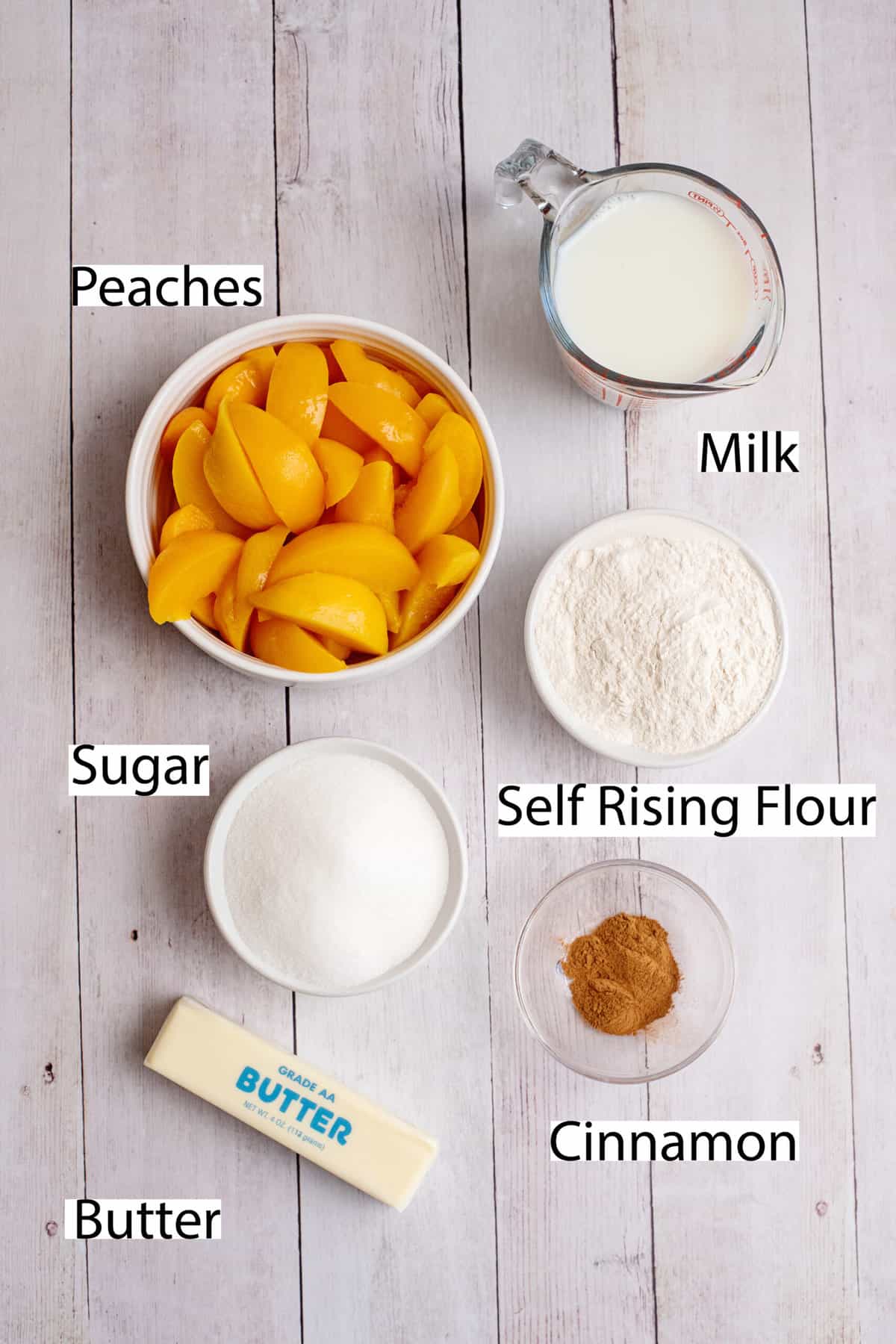 Labeled ingredients for old-fashioned peach cobbler.