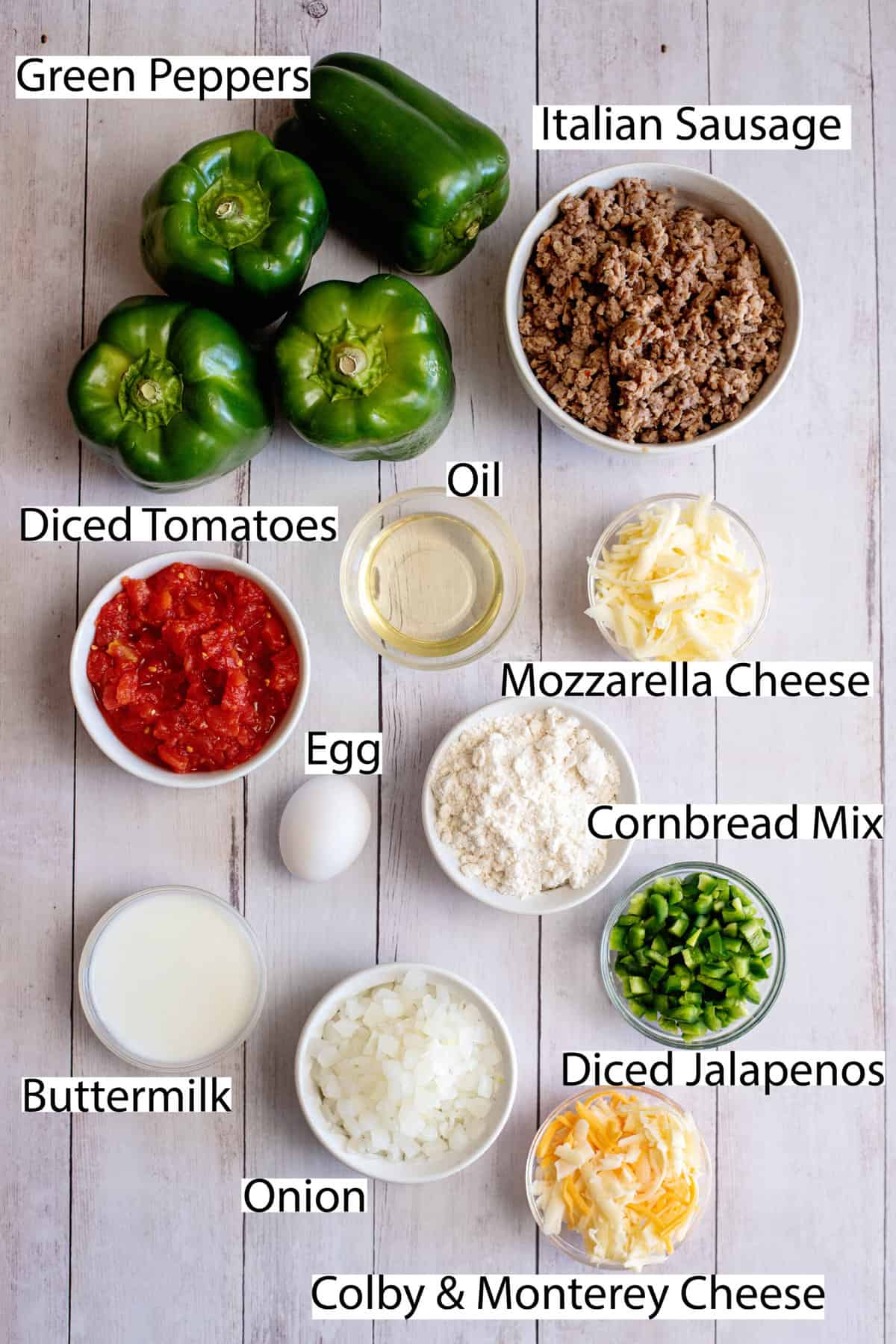 Labeled ingredients for Itallian sausage stuffed peppers.