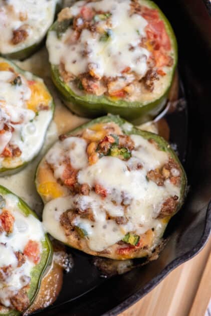 Close-up of sausage stuffed peppers.