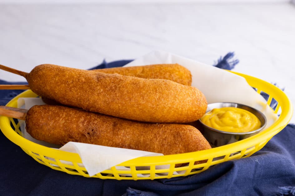 Basket of corn dogs (game day appetizers).