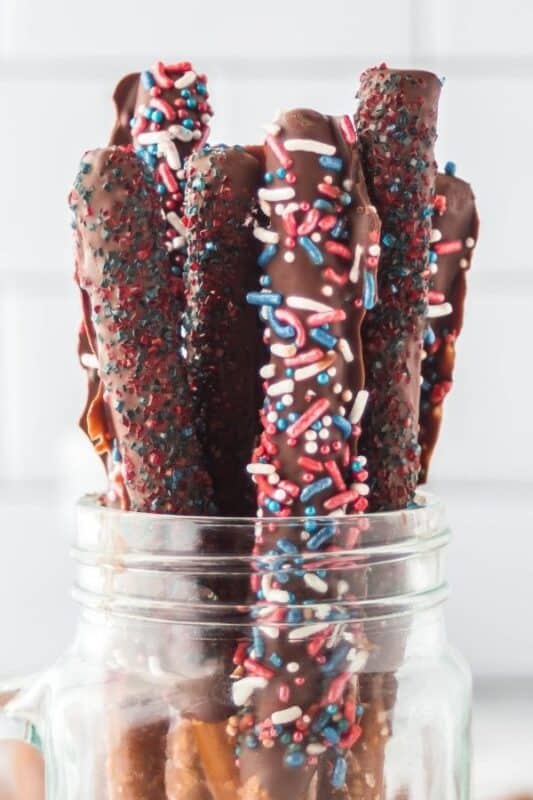 jar of chocolate dipped pretzels