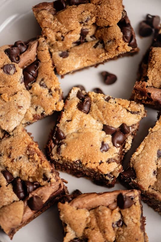 Plate of chocolate chip cheesecake bars